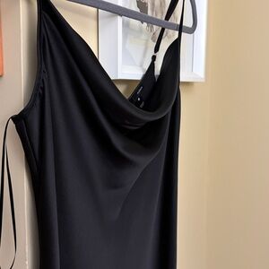 Aqua Satin Black Slip Midi Dress with Cowl Neck